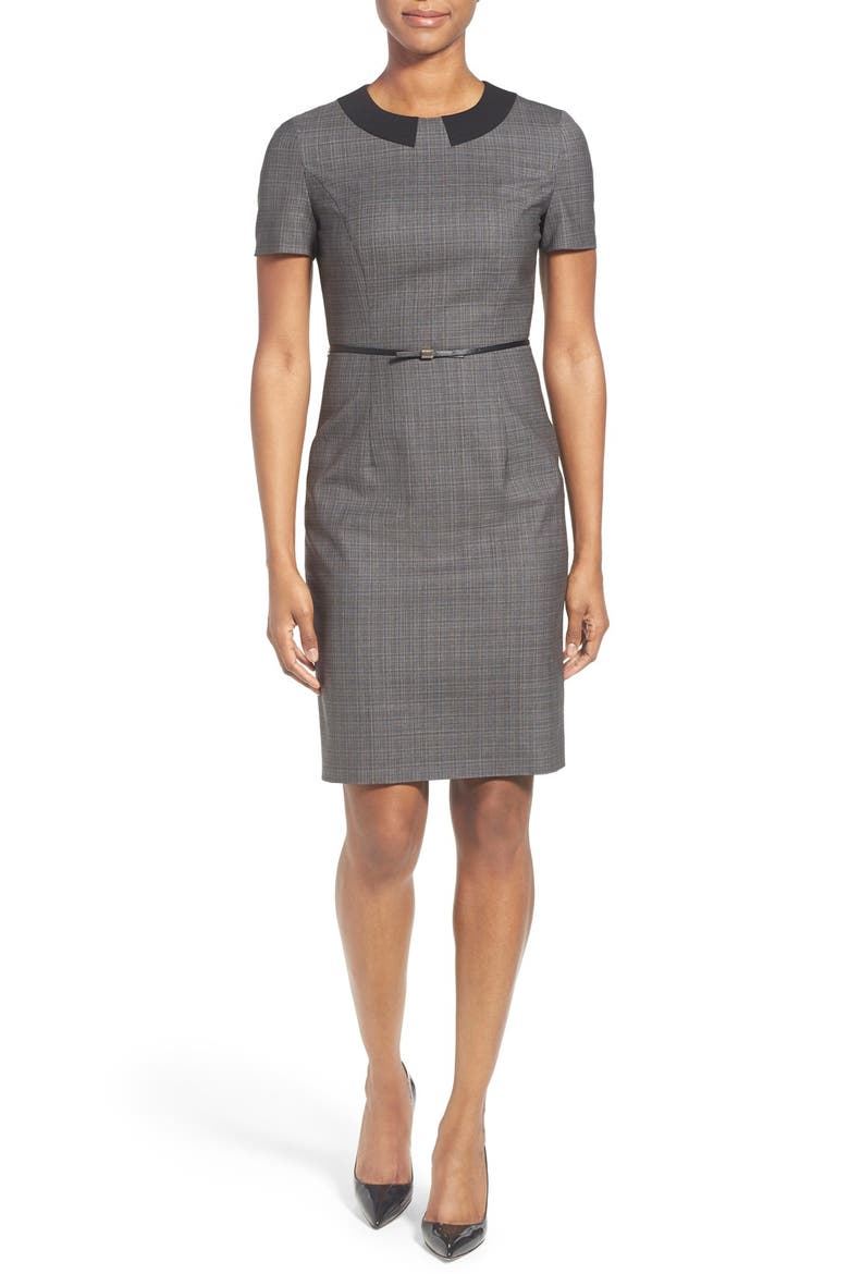 'Danyka' Belted Stretch Wool Sheath Dress, Main, color, GREY MELANGE