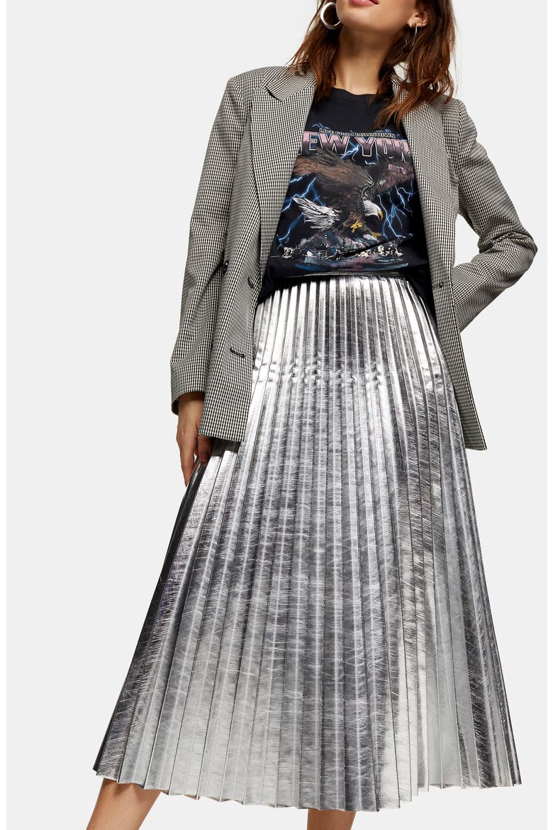 Metallic Pleated Midi Skirt, Alternate, color, SILVER
