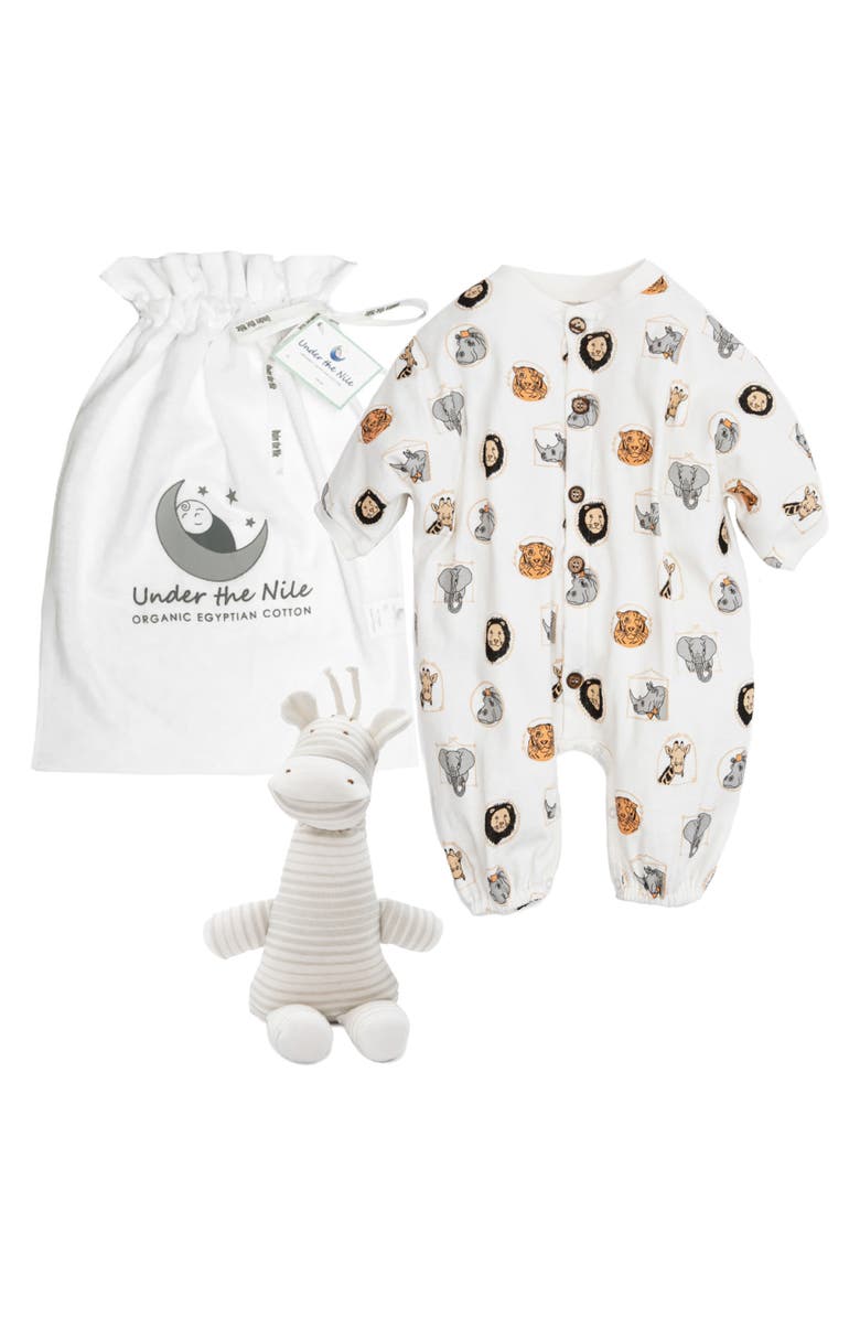 Under the Nile Animal Print Organic Cotton Romper & Stripe Giraffe Plush Set, Main, color, 