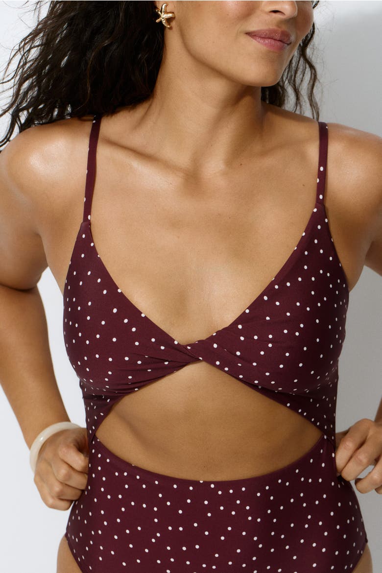 Padded-cup High Leg Swimsuit, Alternate, color, Burgundy/polka dot