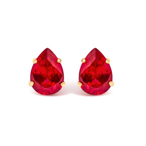 18K Yellow Gold 5X7 MM Created Pear Ruby Solitaire Stud Earrings