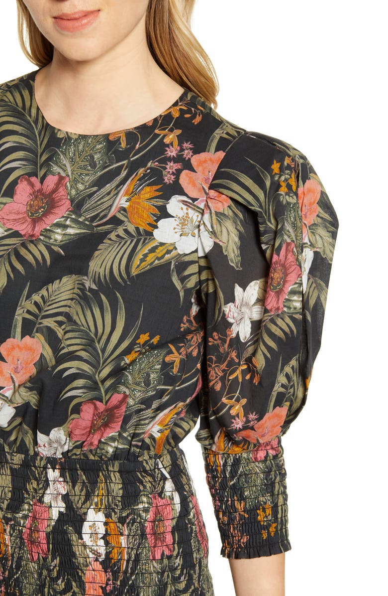 Rebecca Minkoff Geneva Tropical Print Smocked Cotton Dress, Alternate, color, 