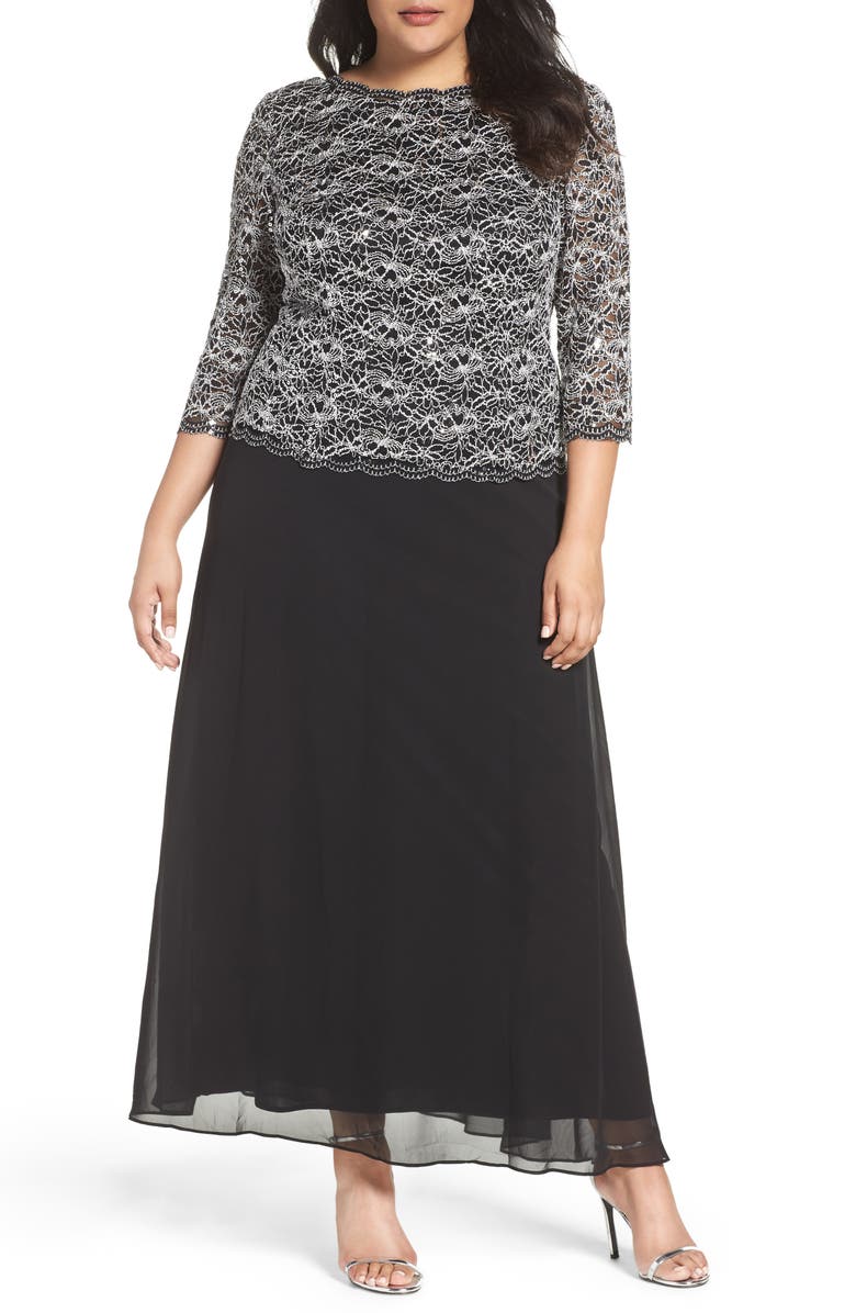 Alex Evenings Mock Two-Piece Lace & Chiffon A-Line Gown, Main, color, 