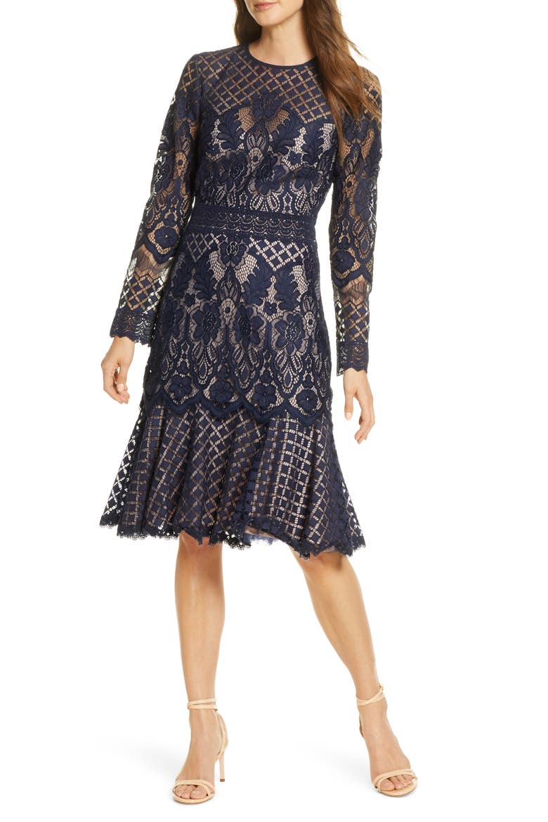 Long Sleeve Lace Cocktail Dress, Main, color, NAVY/ PETAL