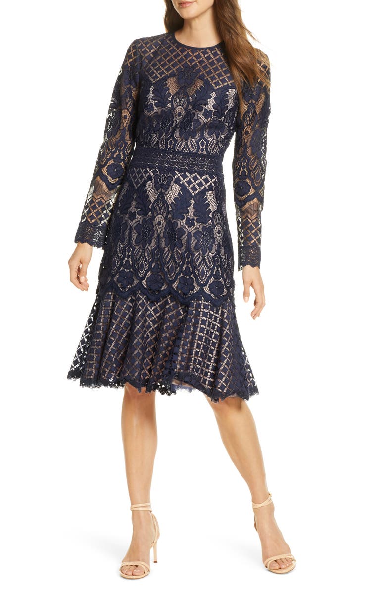 Tadashi Shoji Long Sleeve Lace Cocktail Dress, Main, color,