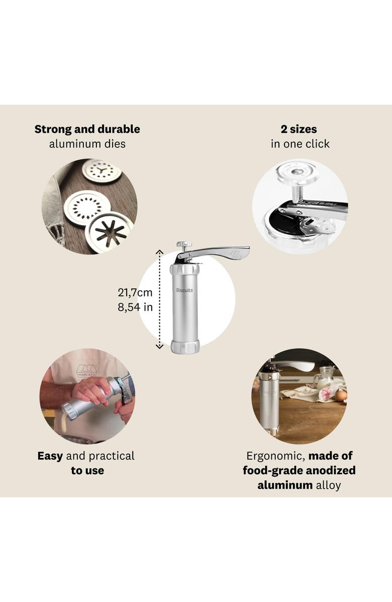 Marcato Atlas Biscuit Maker Press, Includes 20 Cookie Disc Shapes, Silver, Alternate, color,