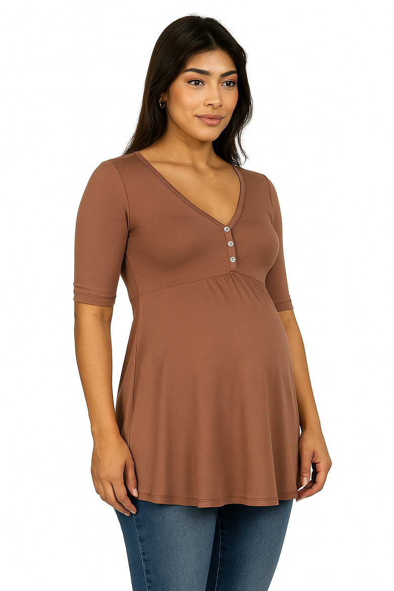 Maternity Elbow Sleeve Tunic Top with Button Detail, Alternate, color, Mocha