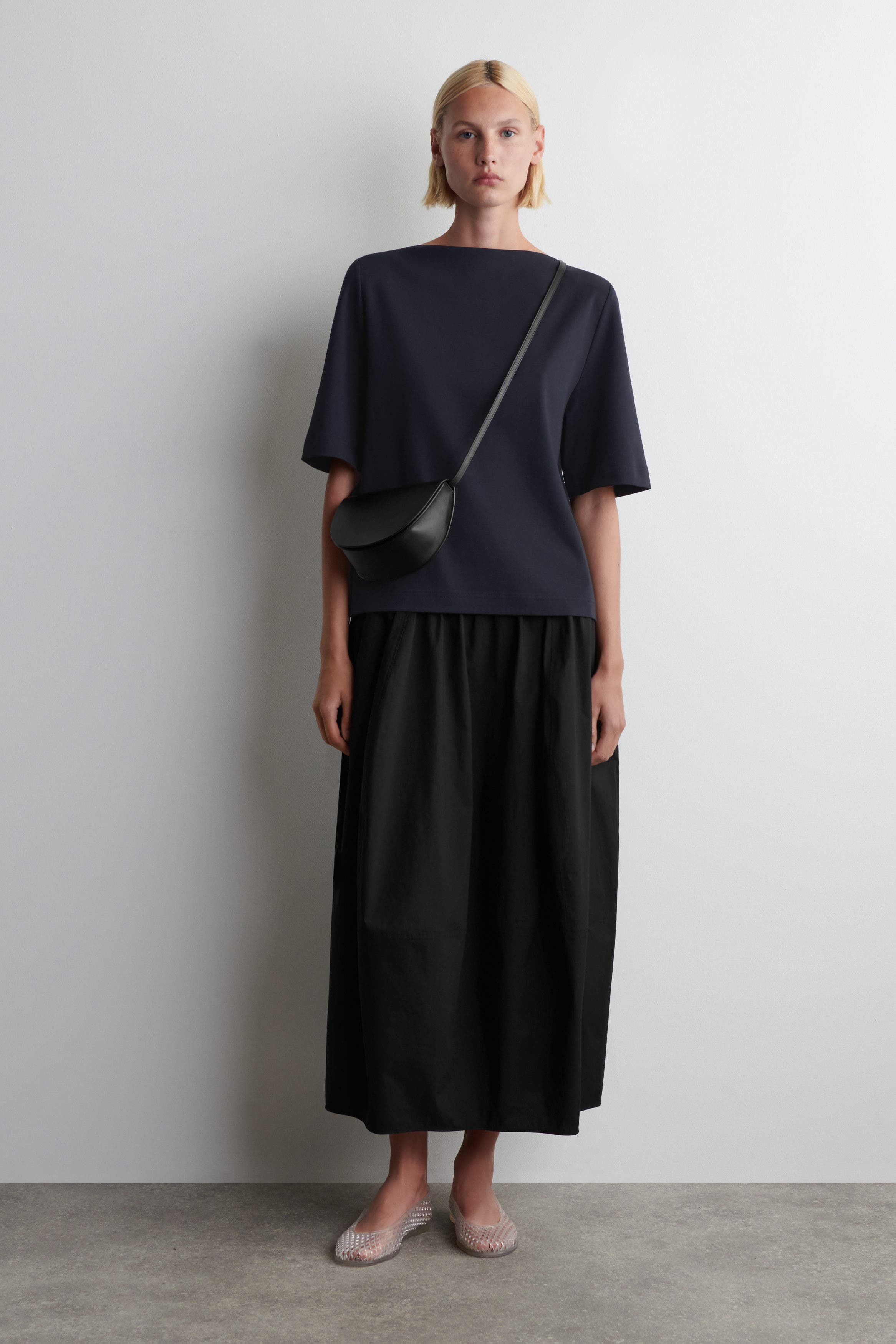 COS Curved Crossbody Bag - Leather, Alternate, color, Black