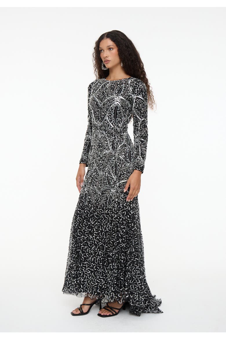 Modest Embellished Sequin Beaded Dress Maxi With Fit Bodice and Trail, Alternate, color, BLACK