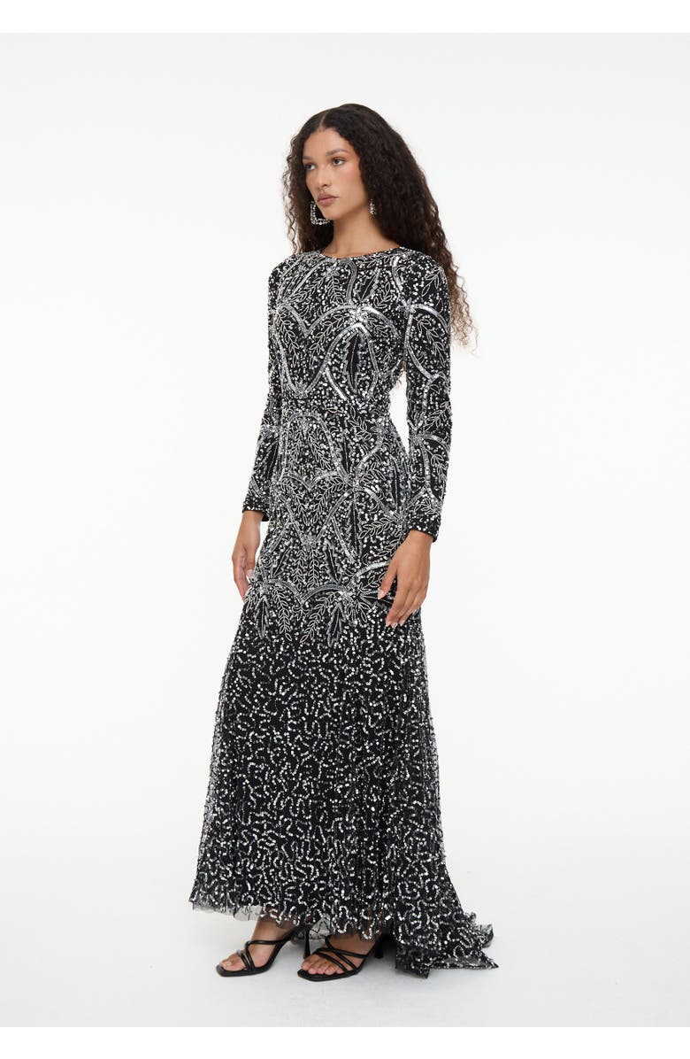 MARYISA Modest Embellished Sequin Beaded Dress Maxi With Fit Bodice and Trail, Alternate, color, Black