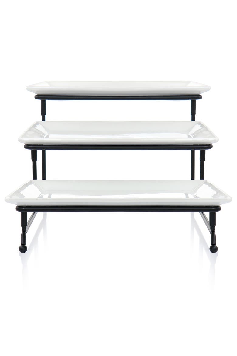 3 Tier Rectangular Plate Porcelain Serveware Set, Alternate, color, White