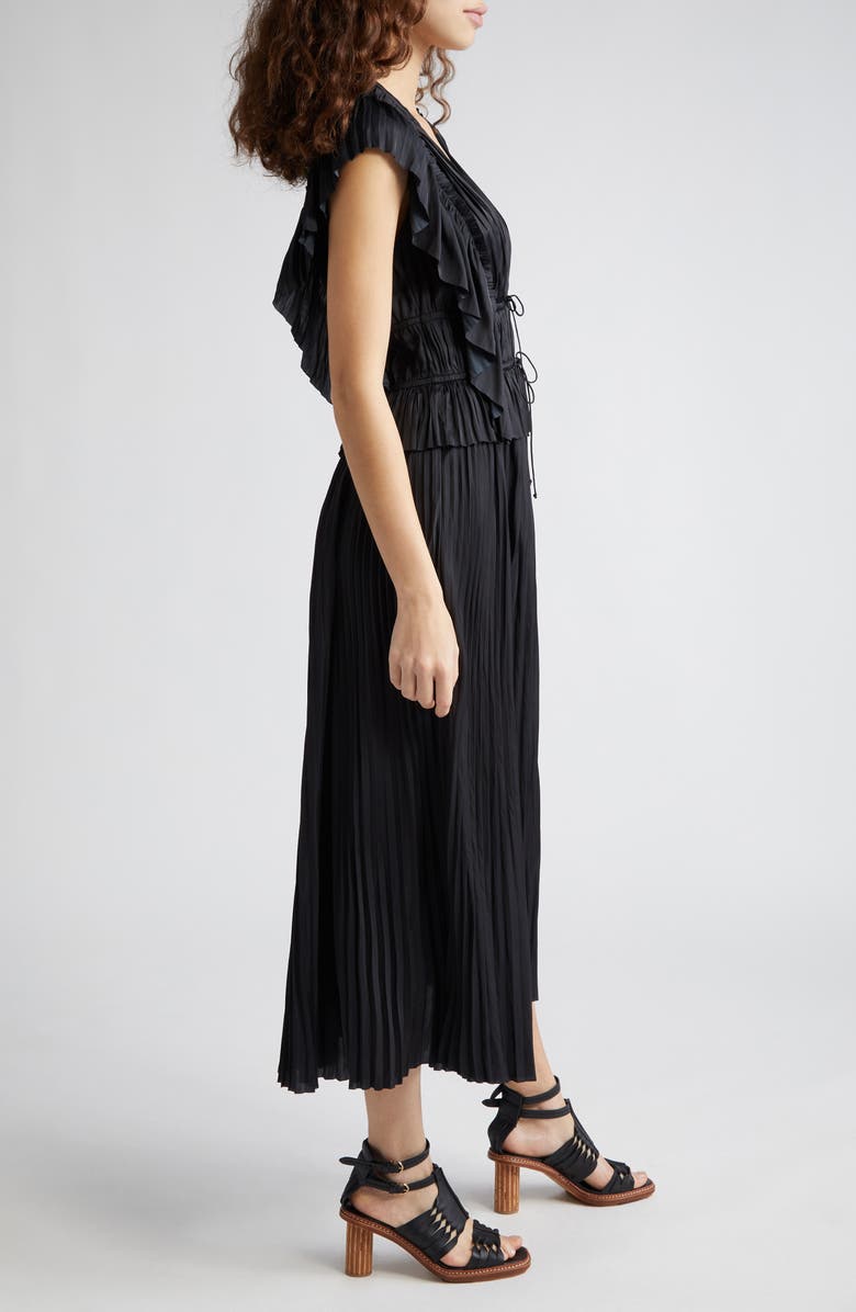 Ulla Johnson Letty Ruffle Detail Pleated Satin Dress, Alternate, color, Noir