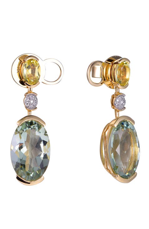 Green Amethyst & Lemon Quartz Earrings with Diamonds