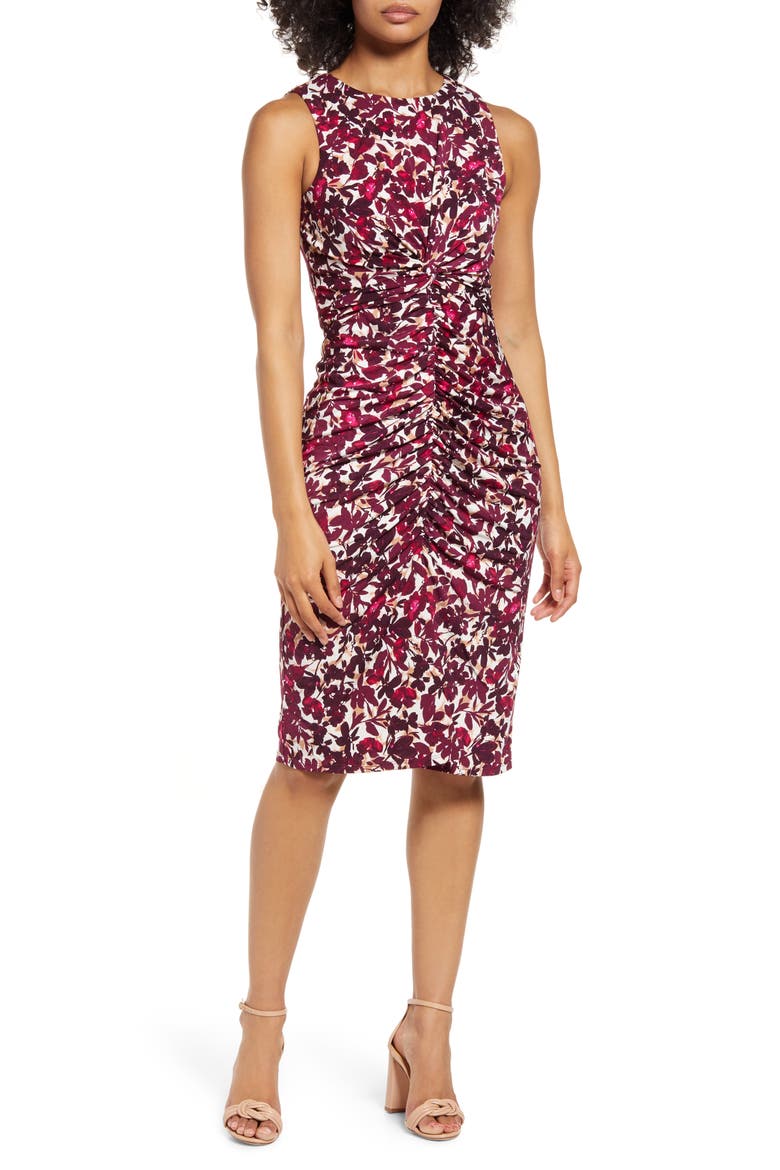 Floral Print Ruched Body-Con Dress, Main, color, BERRY
