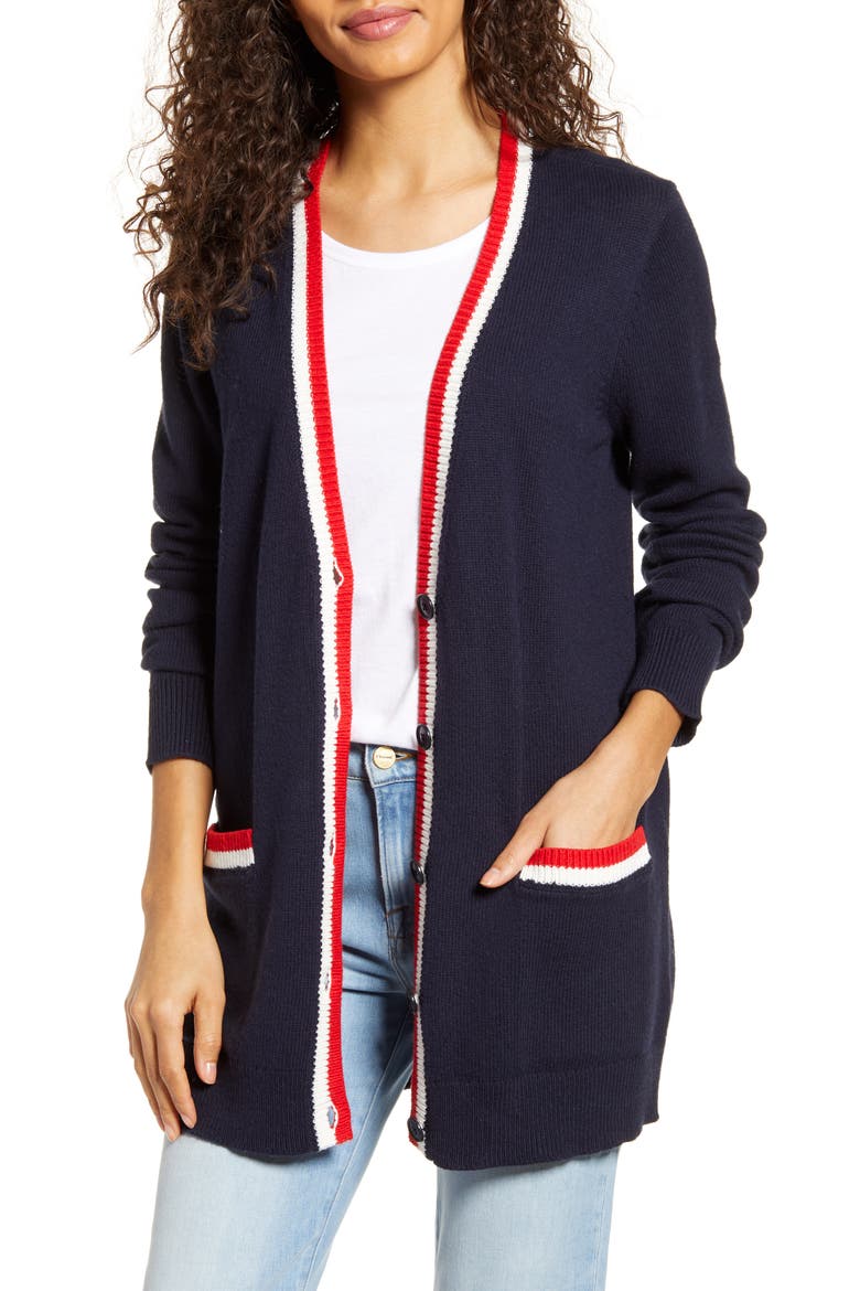 Tipped Long Cardigan, Main, color, NAVY- IVORY RED TIP