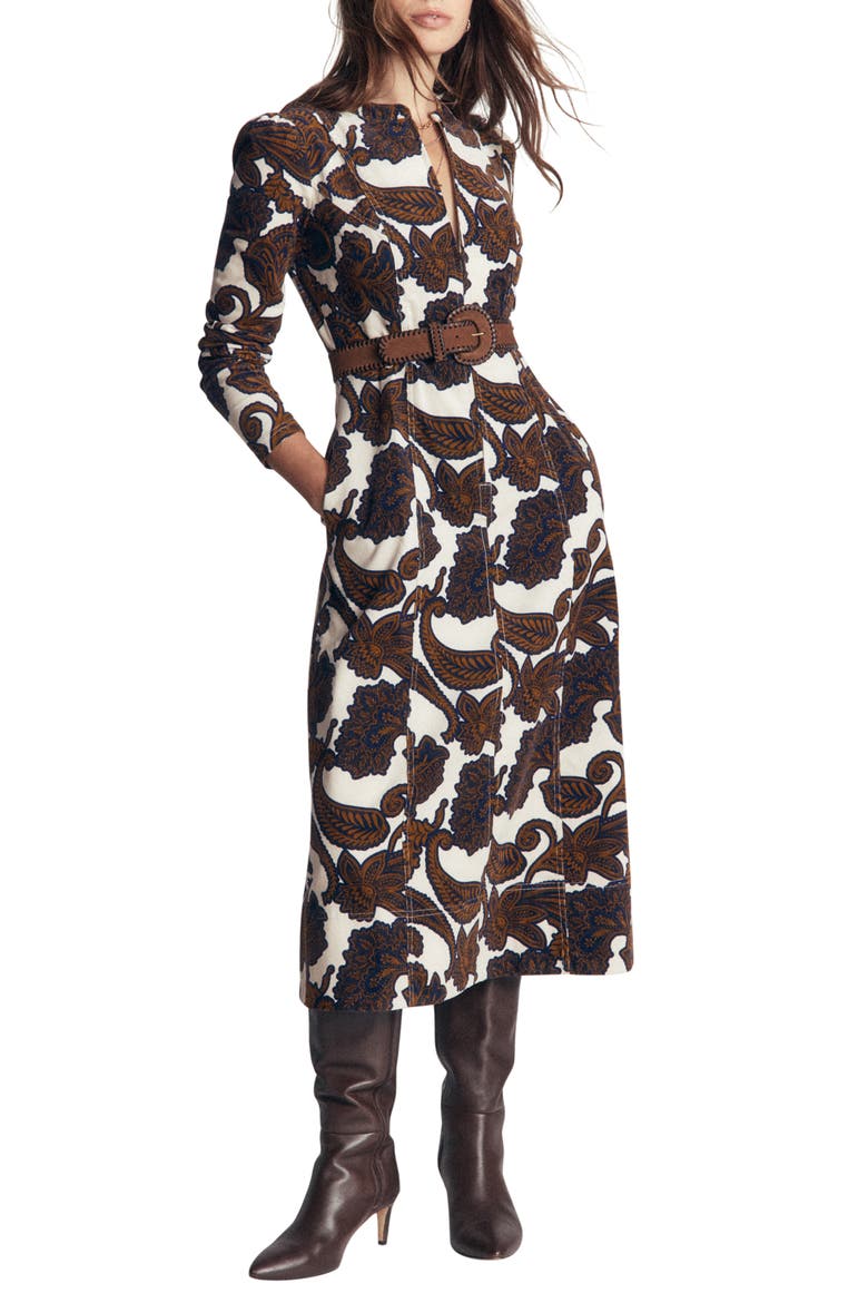 Una Paisley Corduroy Midi Dress, Main, color, ALMOND MILK PAISLEY BOUQUET