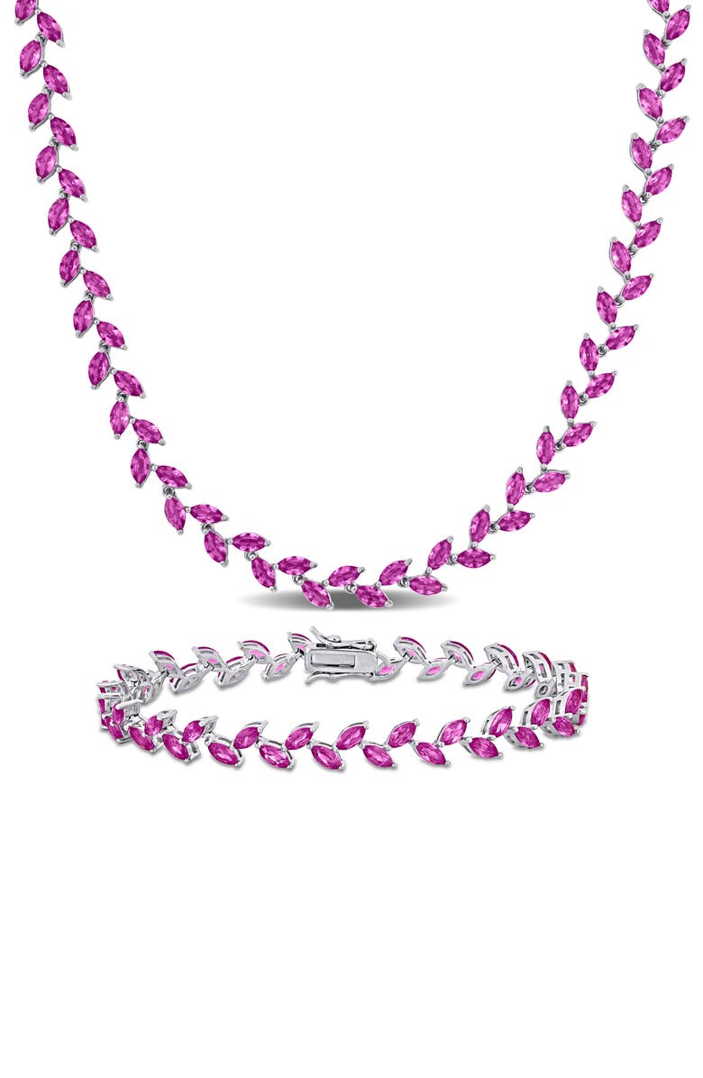 DELMAR Lab Grown Pink Sapphire Bracelet & Necklace Set, Main, color, Pink