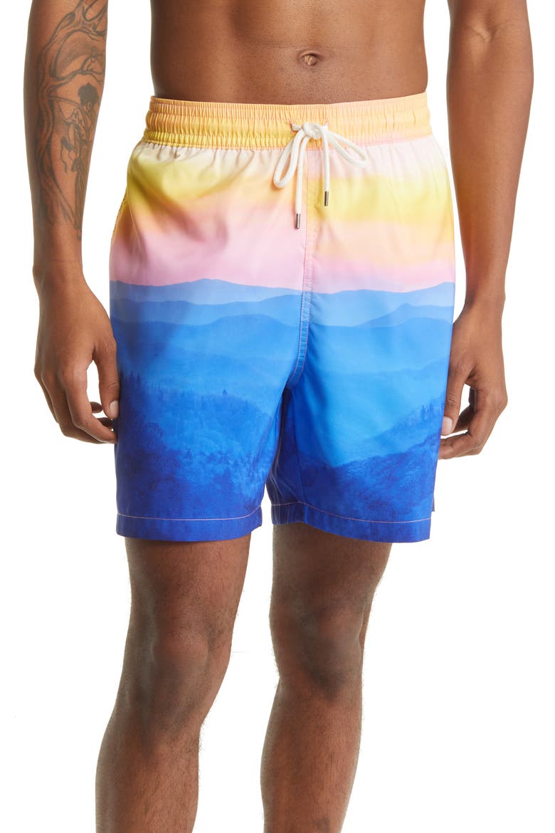 Traveler Sunset Print Swim Trunks, Main, color, RIDGECREST PHOTO PRINT