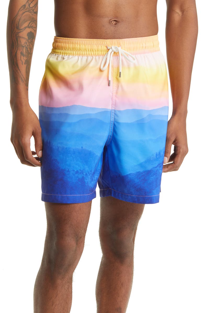 Polo Ralph Lauren Traveler Sunset Print Swim Trunks, Main, color, 