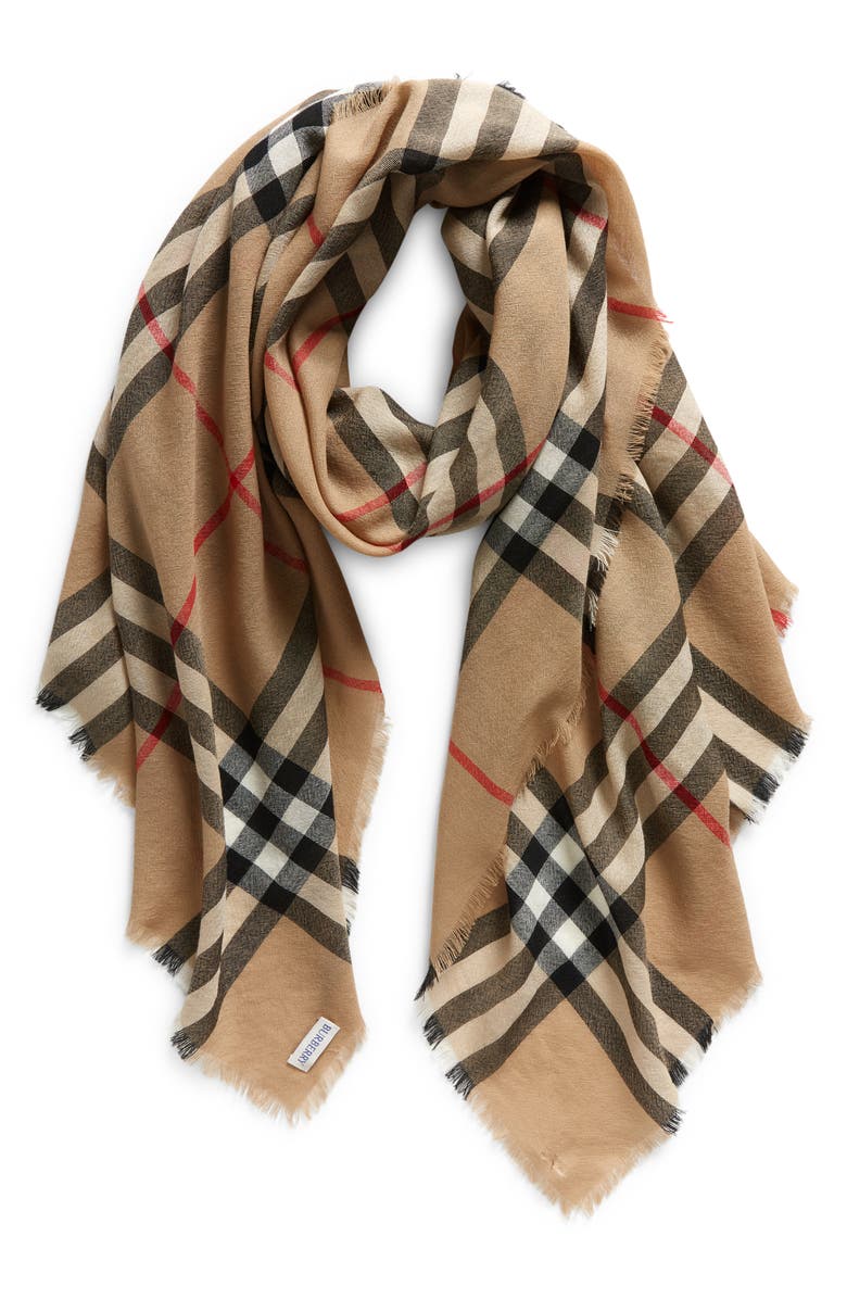 Burberry Giant Check Wool Fringe Scarf, Alternate, color, 