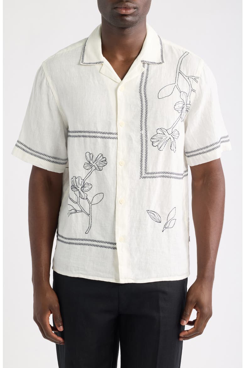 Didcot Grid Flower Linen Camp Shirt, Main, color, ECRU / NAVY