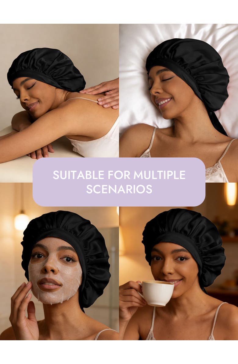 SILKSILKY Women's Mulberry Silk Bonnet with Long Ribbons, Alternate, color, Black