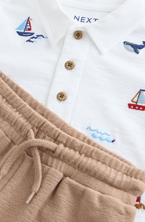 Next Kids' Beach Embroidered Cotton Polo & Knit Shorts Set In White/khaki