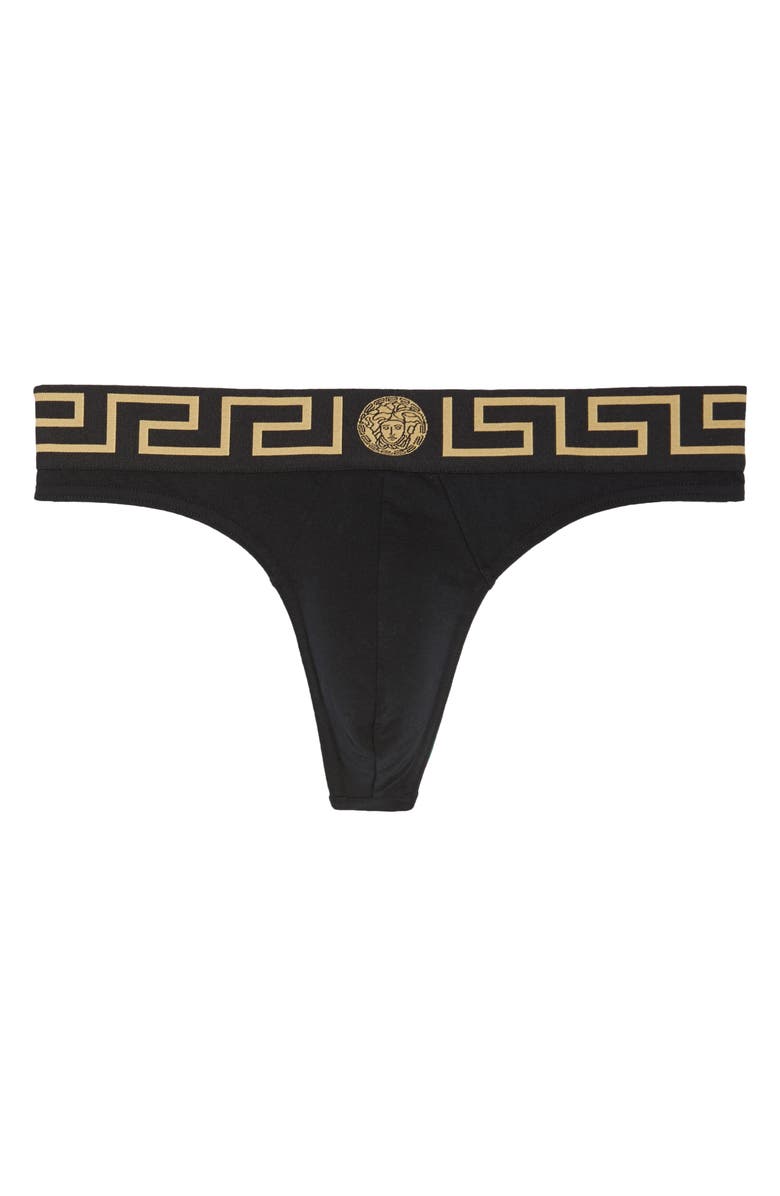 Versace First Line Logo Stretch Cotton Thong, Alternate, color,