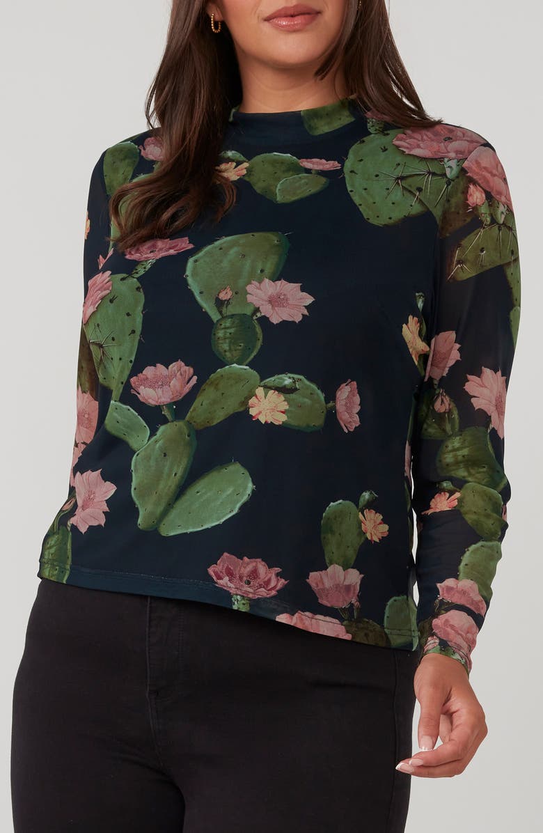 Estelle Mezzanine Cactus Print Mesh Top, Alternate, color, Blue Print