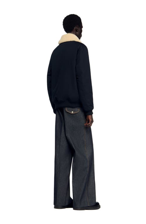 Sandro Shearling Collar Aviator Jacket In Blue
