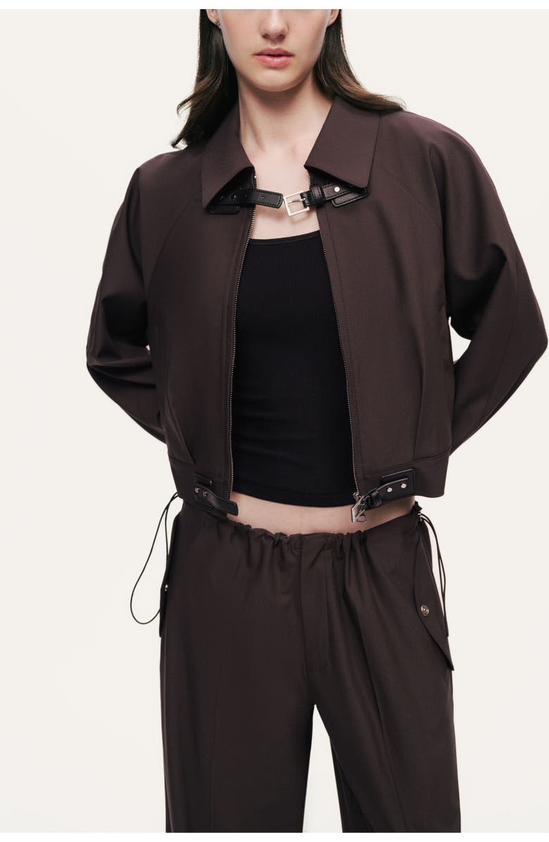 Nocturne Buckle Detail Cropped Zip Jacket, Alternate, color, Dark Brown