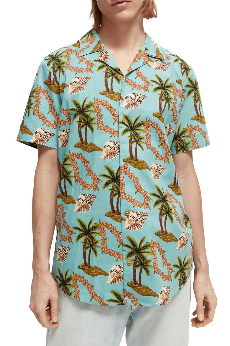 Hawaii Print Short Sleeve Cotton Button-Up Shirt, Main, color, GREEN