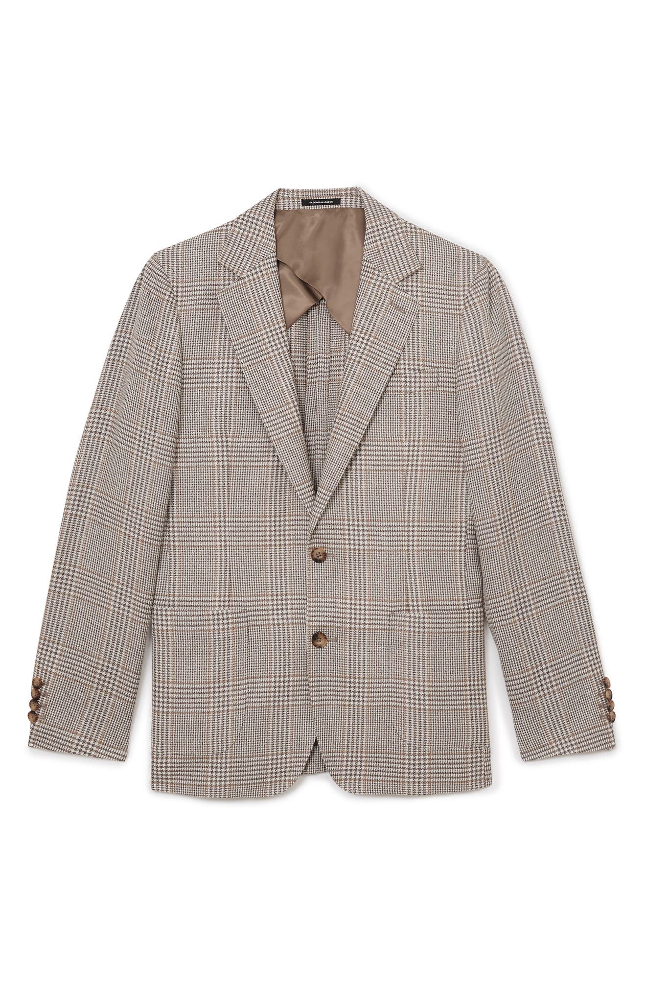 Epsom Tailored Fit Brown Glen Check Linen & Wool Blend Suit Jacket