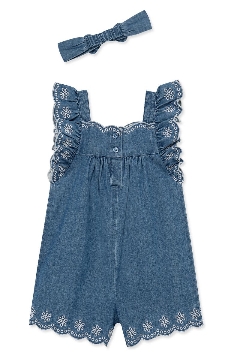Little Me Kids' Embroidered Chambray Romper & Headband Set, Alternate, color, Blue
