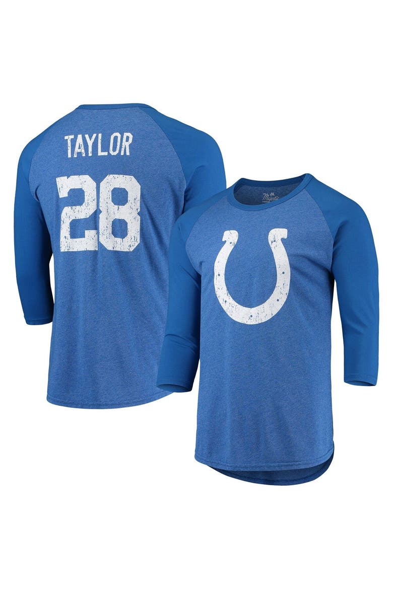 Men's Majestic Threads Jonathan Taylor Royal Indianapolis Colts Name & Number Team Colorway Tri-Blend 3/4 Raglan Sleeve Player T-Shirt, Main, color, Royal