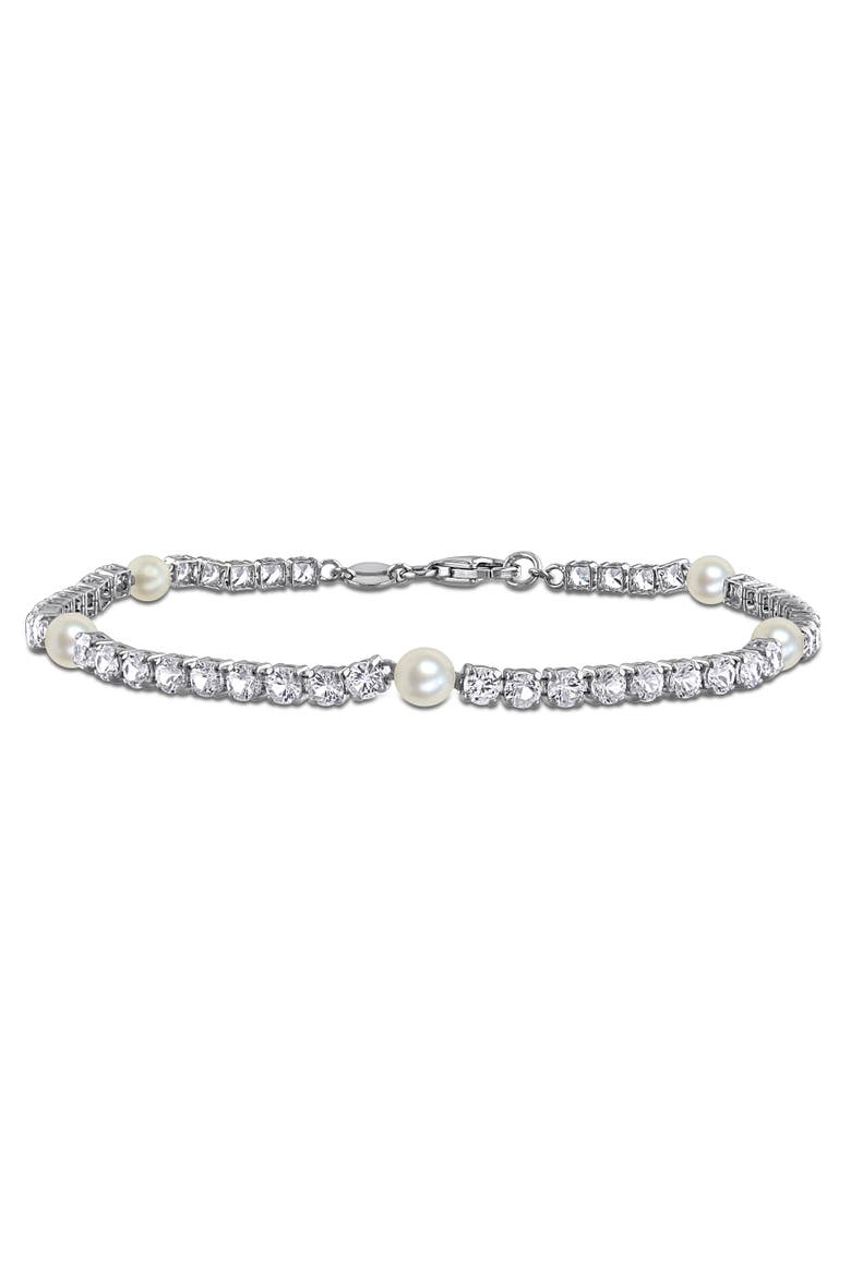 Pearl & Created White Sapphire Station Bracelet, Main, color, Pearl
