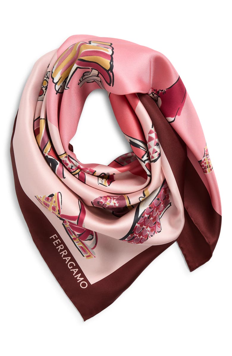 FERRAGAMO Genio Print Silk Square Scarf, Alternate, color, Rose/Red
