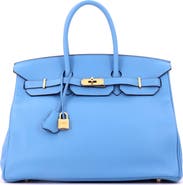 Pre-Owned Hermes Birkin Handbag Blue Clemence with Gold Hardware 35