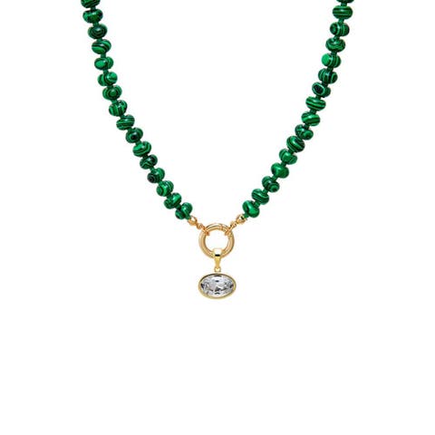 Colored Natural Stone Beaded /CZ Oval Charm Necklace