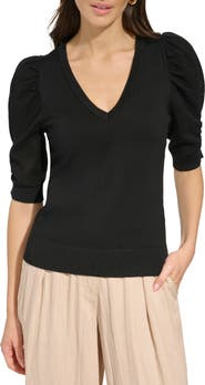 DKNY Puff Sleeve V-Neck Sweater