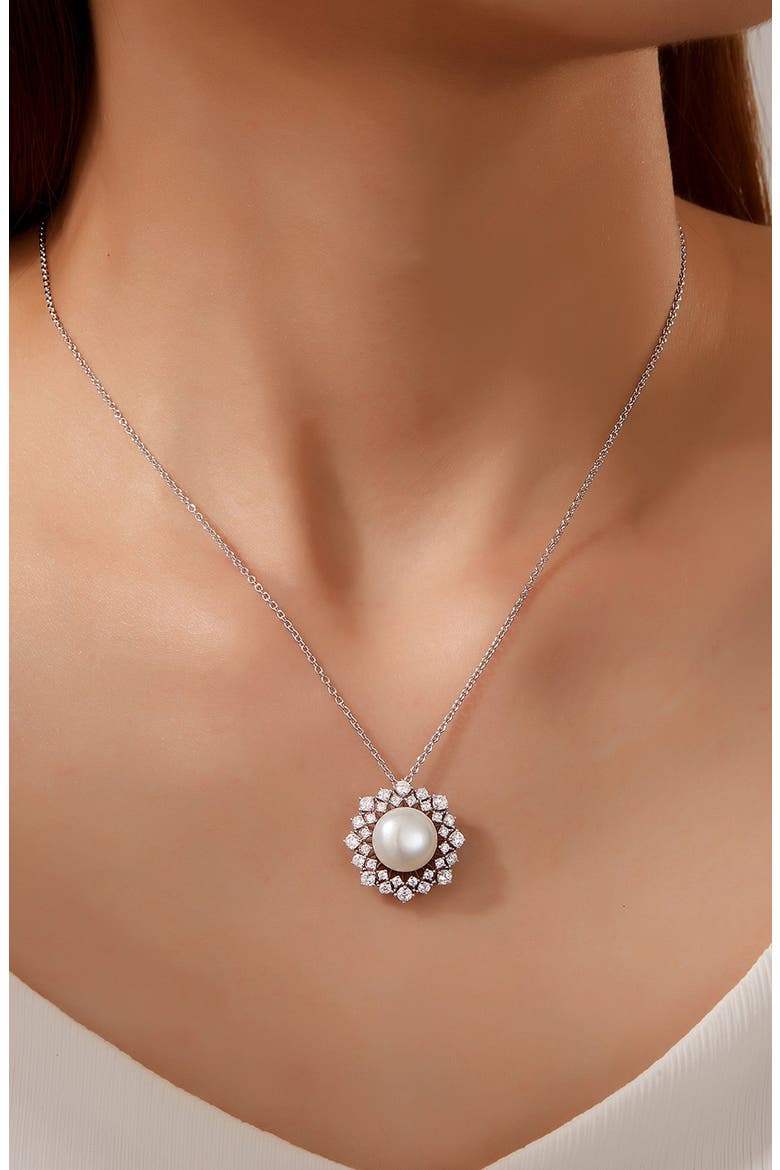 Cultured Pearl & Simulated Diamond Halo Pendant Necklace, Alternate, color, WHITE
