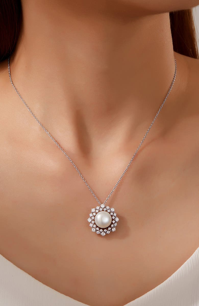Lafonn Cultured Pearl & Simulated Diamond Halo Pendant Necklace, Alternate, color,