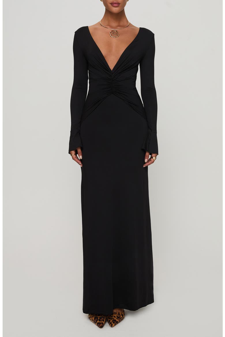 Lezure Plunge Long Sleeve Maxi Dress, Main, color, BLACK