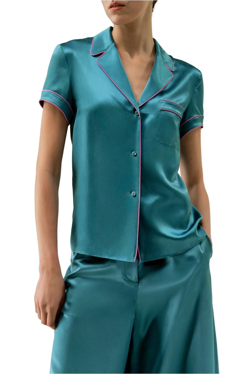 Lilysilk Lsxes Contrast-Trimmed Silk Shirt, Main, color, Adriatic Blue