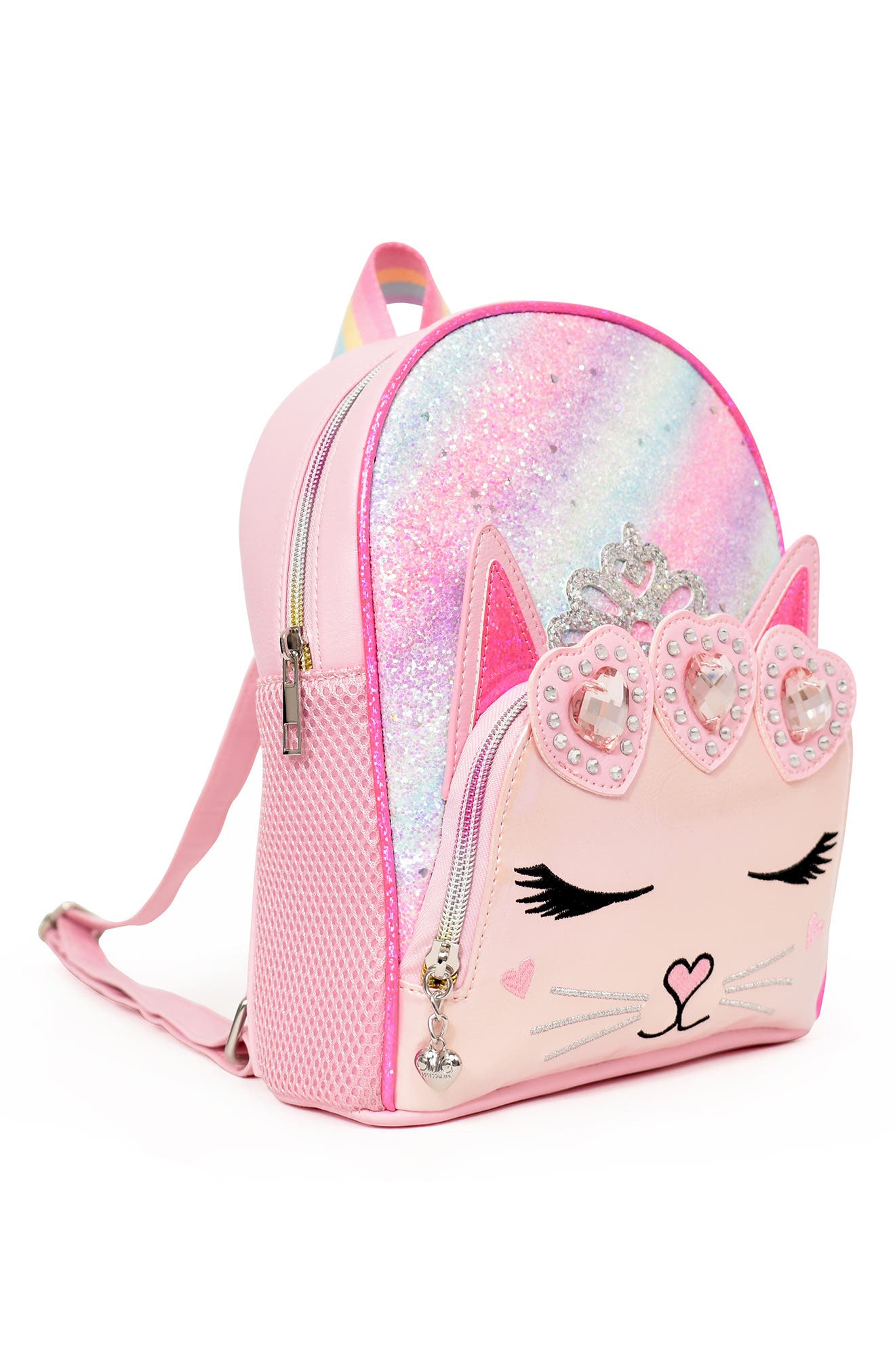 OMG Accessories Kids' Bella Diagonal Ombré Glitter Heart Crown Mini Backpack, Alternate, color, 