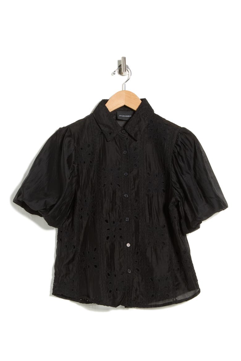 Bubble Sleeve Button Front Top, Alternate, color, BLACK