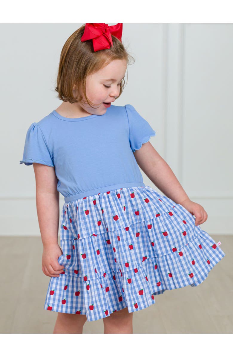 RuffleButts Mixed Media Short Sleeve Tiered Dress, Alternate, color, Apple Orchard Classic Gingham