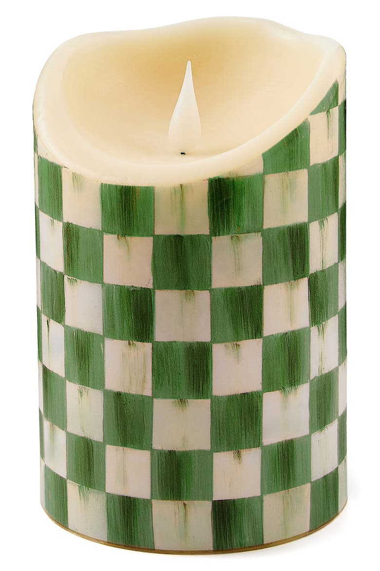 Emerald Check 6-Inch Flameless Pillar Candle, Main, color, EMERALD