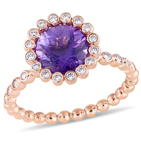 Amethyst & Diamond Halo Ring 14k