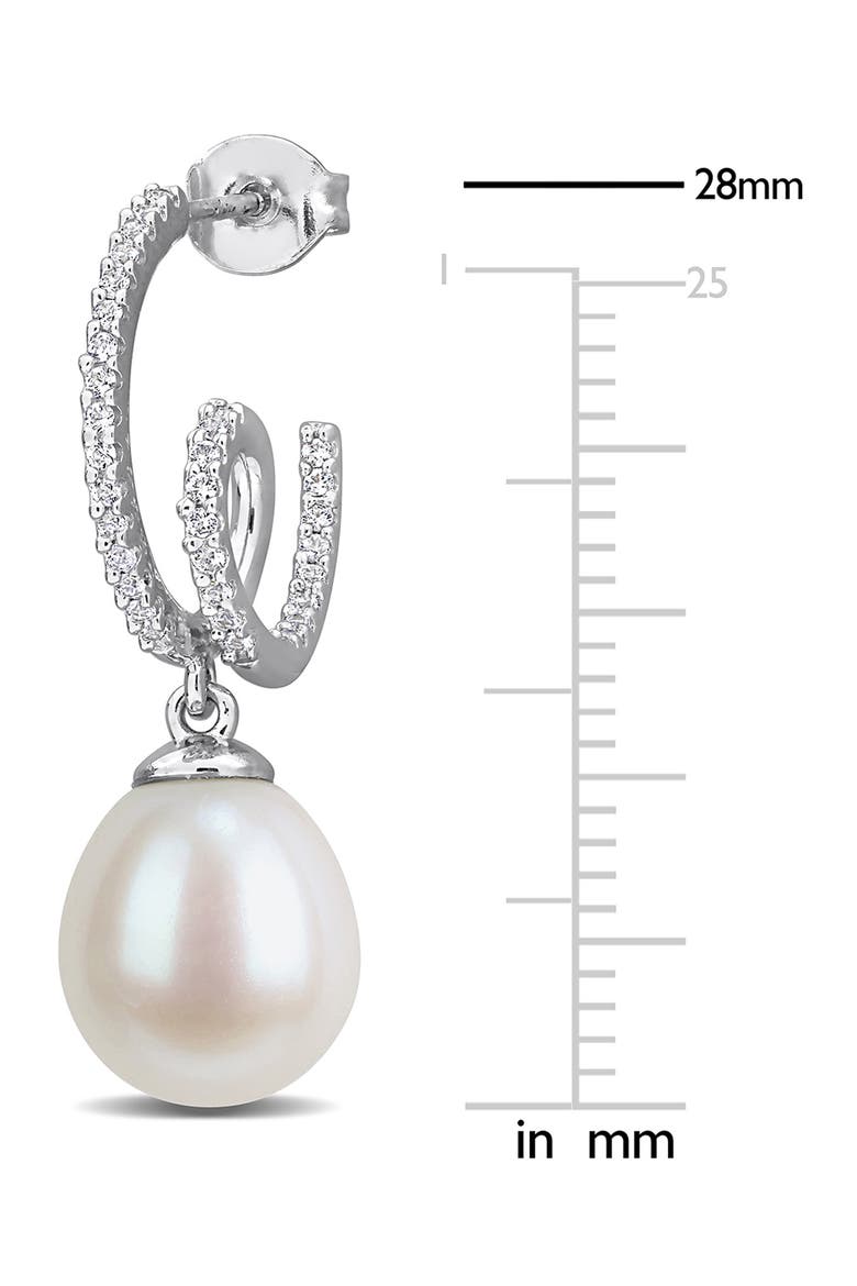 Created White Sapphire & Imitation Pearl J-Hoop Earrings, Alternate, color, WHITE GOLD